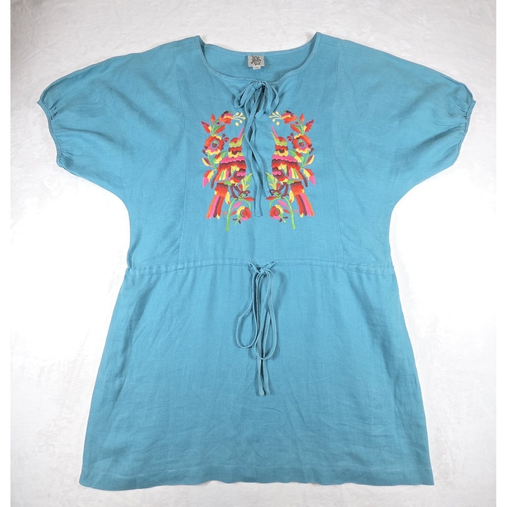 Ivy Jane Midi Dress Green Aqua Womens XL Embroidered‎ Birds Flowers 100% Linen